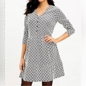 LOFT Ann Taylor Jacquard Mini Dress Flounce Swing Long Sleeve V-Neck Ruffle Hem